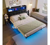 Letto matrimoniale con Striscia LED e USB,Type-c, Letto imbottito 140*190 con 2 comodino camera da letto estraibili,testiera con contenitore,giroletto in metallo, Rete a doghe,Senza materasso,Grigio