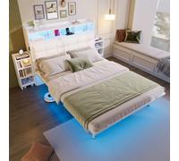 Letto matrimoniale con Striscia LED e USB,Type-c, Letto imbottito 140*190 con 2 comodino camera da letto estraibili,testiera con contenitore,giroletto in metallo, Rete a doghe,Senza materasso,Bianco