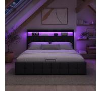 Letto Matrimoniale con USB, Letto con contenitore e caricabatterie 160 x 200 cm imbottito con vano portaoggetti e illuminazione LED, struttura letto con testiera, senza materasso (A Nero, PU, 160 x