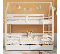 Letto matrimoniale, culla a forma di casa, dentro e fuori dal letto, grandi cassetti, letto in legno di pino per bambini, 90 x 200 cm, senza materasso, bianco+colore legno