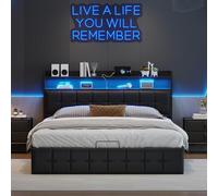 Letto matrimoniale da 140 x 190 cm, con contenitore e rete a doghe, barra ad aria, colore nero
