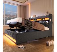 Letto matrimoniale imbottito 140 x 190 cm, capienza testiera con porta USB e tipo C, funzione LED 360 surround intorno alla testa e ai piedi, letti con spazio idraulico, grigio, lino (senza materasso)