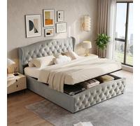 Letto matrimoniale imbottito 140 x 190 cm con cassaforte, letto matrimoniale con spazio di archiviazione idraulico, testiera dei letti imbottita, rete a doghe, cornice per letti per adulti e