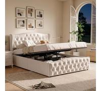 Letto matrimoniale imbottito 140 x 190 cm con cassaforte, letto matrimoniale con spazio di archiviazione idraulico, testiera imbottita con doghe e telaio per letti per adulti e adolescenti, senza