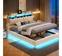 Letto matrimoniale imbottito, 140 x 190 cm, con contenitore, letto imbottito con illuminazione a LED e presa USB, letto matrimoniale 140 x 190 LED, con contenitore e caricatore, moderno, morbido