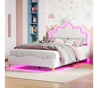 Letto matrimoniale imbottito 140 x 190 cm con LED, letto imbottito 140 x 190 letto principessa a forma di corona, letto per adolescenti con testa di bed regolabile letti per bambini con rete a doghe