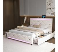 Letto matrimoniale imbottito 140 x 200 cm con 4 cassetti, letto adulto con luce LED e interfaccia USB, letti 2 persone con testiera del letto, telaio del letto, supporto a doghe in legno solido