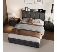 Letto matrimoniale imbottito 140 x 200 cm con funzione di ricarica USB Type-C e cassetti, letto idraulico con testa a LED, letto con cassetta del letto e rete a doghe, lino (grigio scuro, 140 x 200)