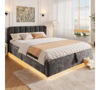 Letto matrimoniale imbottito 140 x 200 cm con rete a doghe imbottita, cassapanca idraulica e striscia LED materasso non incluso