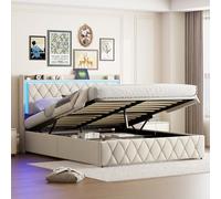 Letto matrimoniale imbottito 140 x 200 cm con vano portaoggetti, testiera multifunzione con LED e colonna di carica, letto idraulico con rete a doghe, letto per adulti con cassetta, velluto beige