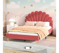 Letto matrimoniale imbottito 140 x 200 cm, letto per bambine 140 x 200 cm con rete a doghe, telaio letto con testiera a forma di fiore, letti matrimoniali per bambine adolescenti, velluto, senza