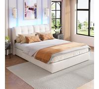 Letto matrimoniale imbottito 140 x 200 cm, testiera con schienale imbottito, telaio letto con doghe in legno, letto giovane con striscia luminosa a LED, gruppo idraulico incluso, senza materasso