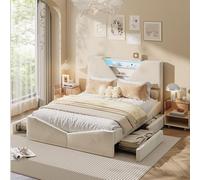 Letto matrimoniale imbottito 140 x 200 con LED, letti imbottiti con 4 cassetti, letto funzionale giovanile, letti matrimoniali, letto per adulti con base in doghe (bianco rotto+velluto-B)