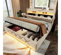 Letto matrimoniale imbottito 160 x 200 cm, capienza testiera con porta USB e tipo C, funzione LED 360 surround intorno alla testa e ai piedi, letti con spazio idraulico, beige, lino (senza materasso)