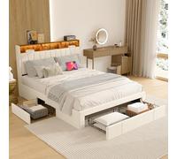 Letto matrimoniale imbottito 160 x 200 cm con caricatore, 2 USB e 1 Type-C, letto imbottito con testiera a LED, struttura letto con 4 cassetti, letto per ragazzi (beige, 160 x 200 cm)