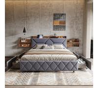 Letto matrimoniale imbottito 160 x 200 cm, letto imbottito con 4 cassetti letto 160 x 200 cm con rete letto matrimoniale con contenitore rimovibile nella testata dei letti, per adulti e adolescenti