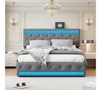 Letto matrimoniale imbottito 160 x 200 con 4 cassetti e rete, letto matrimoniale con illuminazione a LED e porte USB, telaio letto cassaforte, regolabile testiera per adulti, lino (grigio, 160 x 200)