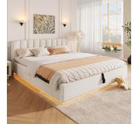 Letto matrimoniale imbottito 180 x 200 cm con rete a doghe, testiera imbottita, cassapanca idraulica e striscia LED materasso non incluso