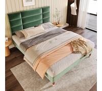 Letto matrimoniale imbottito con rete a doghe imbottita, 140 x 200 cm, struttura del letto con testiera in velluto verde scuro, per adulti e ragazzi con materasso