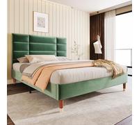 Letto matrimoniale imbottito con rete a doghe imbottita, 140 x 200 cm, struttura del letto con testiera in velluto verde scuro, per adulti e ragazzi (materasso non incluso)