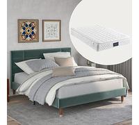 Letto matrimoniale imbottito con rete a doghe imbottita, 140 x 200 cm, struttura del letto con testiera in velluto verde scuro, per adulti e ragazzi (con materasso a molla)