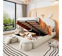 Letto matrimoniale imbottito, idraulico, orecchie di coniglio con luminosità regolabile, strisce luminose dai colori caldi, spazio di stivaggio sotto il letto, due pouf contenitori, 140x200 (Beige)