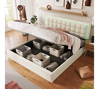 Letto imbottito con rete a doghe e contenitore, letto matrimoniale con barra luminosa a LED, giroletto 180x200 cm, letto con contenitore, letto funzionale, copriletto in similpelle, bianco