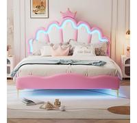 Letto matrimoniale principesse 140 x 200 cm con illuminazione a LED - Letto imbottito a forma di corona in pelle PU, altezza regolabile, rosa mondo dei sogni, portata fino a 200 kg