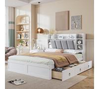 Letto matrimoniale, scaffale aperto, tre cassetti con ruote, maniglie in metallo, vano portaoggetti con porta apribile, telaio in pino, cresce e adulti, pino+MDF, bianco+grigio, 140 x 200 cm