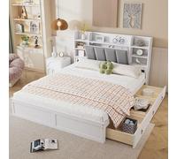 Letto matrimoniale, scaffale aperto, tre cassetti con ruote,Maniglie in metallo, vano portaoggetti con porta apribile, Telaio in pino,Crescente e adulto,Pino+MDF+Velvet, Bianco+Grey,160x200