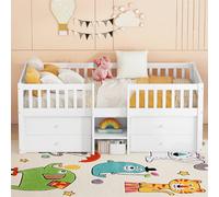 Letto mezza altezza, letto alto 90x200 cm, con 4 cassetti, ringhiera e scaletta, legno di pino + MDF, bianco, senza materasso