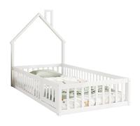 Letto minimalista in legno di pino con canna fumaria e rete a doghe, telaio in legno massello con griglia di sicurezza, struttura stabile in legno, ideale per il gioco e per dormire (bianco, 90 x 200