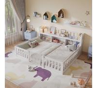 Letto Montessori 140 x 200 cm con ripostiglio e libreria, letto a pavimento per bambini 140 x 200 con barriera di sicurezza e rete a doghe, telaio per letti per bambini in legno massiccio rinforzato