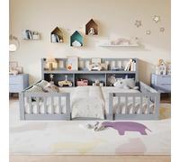 Letto Montessori 140 x 200 cm con ripostiglio e libreria, letto a pavimento per bambini 140 x 200 con barriera di sicurezza e rete a doghe, telaio per letti per bambini in legno massiccio rinforzato