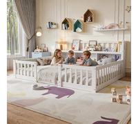 Letto Montessori 140 x 200 cm con vano contenitore e libreria, letto a pavimento per bambini 140 x 200 con sponda di sicurezza e rete a doghe, telaio per letti per bambini in legno massello rinforzato