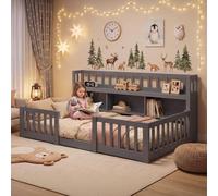 Letto Montessori 90 x 200 cm con contenitore e libreria, letto a pavimento per bambini 90 x 200 con barriera di sicurezza e rete a doghe, telaio per letti per bambini in legno massello, ragazzi e