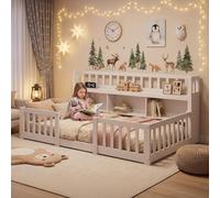 Letto Montessori 90 x 200 cm con contenitore e libreria, letto a pavimento per bambini 90 x 200 con barriera di sicurezza e rete a doghe, telaio per letti per bambini in legno massello, ragazzi e