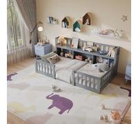 Letto Montessori 90 x 200 cm con ripostiglio e libreria, letto a pavimento per bambini 90 x 200 con barriera di sicurezza e rete a doghe, telaio per letti per bambini in legno massiccio rinforzato con