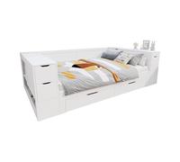 Letto multifunzione in legno con ripiano estraibile, comodini, rete a doghe, cassetti push-pull, scatola portaoggetti, elementi dell'armadio, trasformabile in divano o angolo di lettura (bianco, 140 x