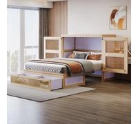 Letto per armadio 140 x 200 cm, letto da parete con rete a doghe, letto pieghevole da parete, letto verticale con rete a doghe, con cassetti per riporre oggetti, design rattan, letti in legno, letti