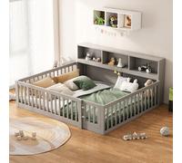 Letto per Bambini 140*200cm, Letto a terra con Contenitore Nella Testiera, Lettino Montessori con Rete a doghe, Letto Piazza e Mezza per Bambini, Struttura in Legno di Pino,Barriera di Protezione