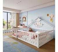 Letto per bambini 140 x 190 cm, letto a pavimento Montessori, letto per bambini, battiscopa, ringhiera con serratura, letto in legno massello di pino massiccio, con protezione anti-caduta e rete a