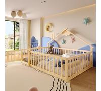 Letto per bambini 140 x 190 cm, letto da pavimento Montessori, letto a griglia per bambini, ringhiera con serratura, letto in legno di pino massiccio, con protezione anti-caduta e rete a doghe, telaio