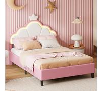 Letto per bambini 140 x 200 cm con LED e testiera regolabile, letto da ragazza con testa a forma di corona, telaio con rete a doghe, gambe in metallo, senza trapunta, velluto, rosa