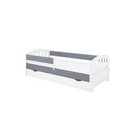 Letto per bambini 80x160 | 80x180 | 90x200 cm con cassetto, sponda di protezione e rete a doghe in grigio 80x180 cm Letto per bambine e bambini | dai 3 ai 12 anni