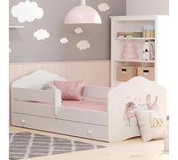 Letto per bambini 80x160 cm con materasso e cassetto rete a doghe e protezione anticaduta Lettino per bambini Letto per ragazzi singolo completo in bianco con motivo di cavalli | da 3 a 10 anni
