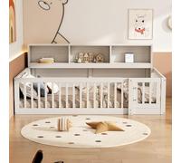 Letto per Bambini 90*200cm, Letto a terra con Contenitore Testiera, Lettino Montessori con Rete a doghe, Letto Piazza e Mezza per Bambini, Struttura in Legno di Pino, Barriera di Protezione, Bianco