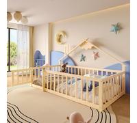 Letto per bambini 90 x 190 cm, letto da pavimento Montessori, letto a griglia per bambini, ringhiera con serratura, letto in legno di pino massiccio, con protezione anti-caduta e rete a doghe, telaio
