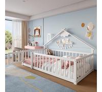 Letto per bambini 90 x 190 cm, letto da pavimento Montessori, letto per bambini, battiscopa, ringhiera con serratura, letto in legno massello di pino massiccio, con protezione anti-caduta e rete a