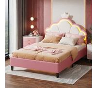 Letto per bambini 90 x 200 cm con LED e testiera regolabile, letto da ragazza con testa a forma di corona, telaio con rete a doghe, gambe in metallo, senza trapunta, velluto, rosa